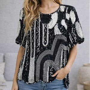Vintage Royal Feelings Silk Black/White Sequin Blouse Size M